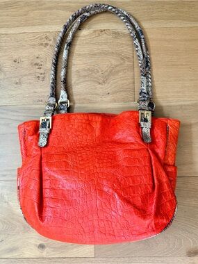 Fontanelli Italy Orange Croc Leather Shoulder Bag Snakeskin Python Trim Tote EUC